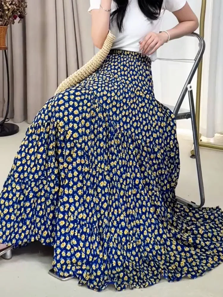 

Новая летняя юбка миди А-силуэта с цветочным принтом, драпировкой, завышенной талией, широким подолом, в корейском стиле, больших размеров, для повседневной носки