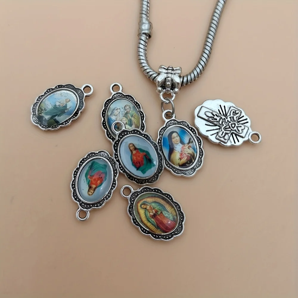 15Pcs Mix Picture Cross Jesus Enamel Our Lady Virgin Mary Miraculous Medal Floral Rosary Centerpiece Alloy Crucifix  A-567
