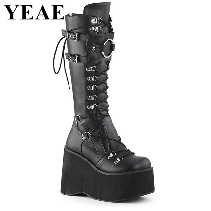 

Thick Sole Cross-tied Mid Calf Boots Women Platform Wedges Gothic Shoes Super High Heel Black White Sexy Knight Boots Large Size