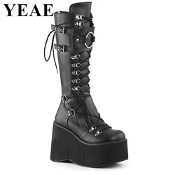 Thick Sole Cross-tied Mid Calf Boots Women Platform Wedges Gothic Shoes Super High Heel Black White Sexy Knight Boots Large Size