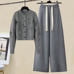 Fall Winter Knitted 2 Pieces Set For Womens Outfit Korean Casual Feather Sequined Knitting Sweater Cardigan+wide Leg Pants Sets