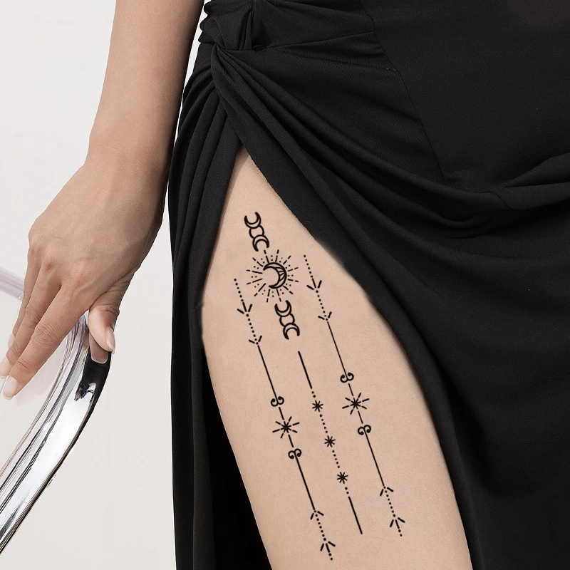 Moon and sun element leg tattoo stickers, trendy and sexy, temporary realistic stickers for calves, waterproof and sweatproof.