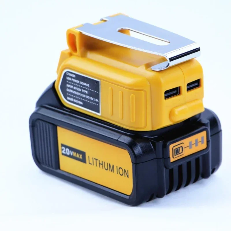 Adapter with 12V 5A DC Output Interface and Clip For DEWALT 18V 20V Li-Ion Battery Dual USB and LED Display Converter