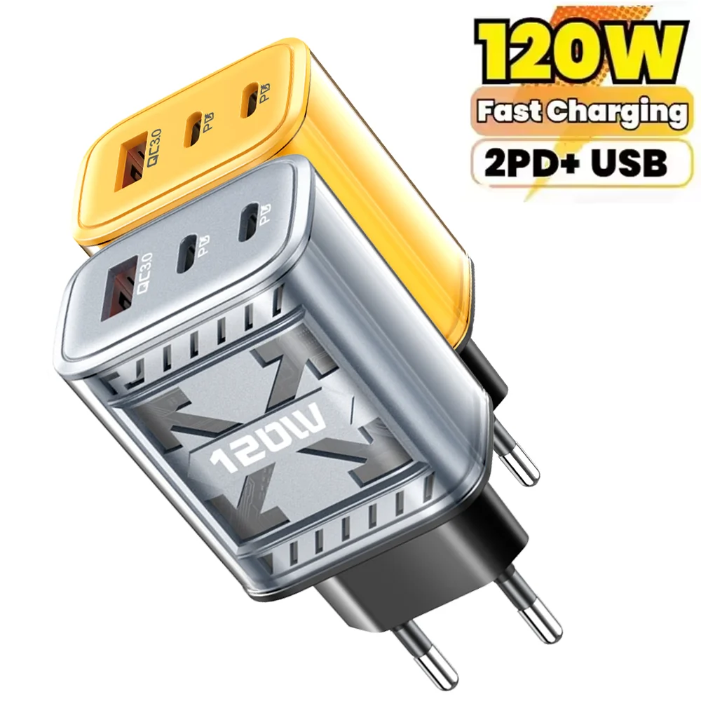 

120W 3 Port USB C Charger Quick Charge 3.0 Type-C PD Fast Charger Mobile Phone Wall Adapter for iPhone 16 Samsung S24 Xiaomi 15