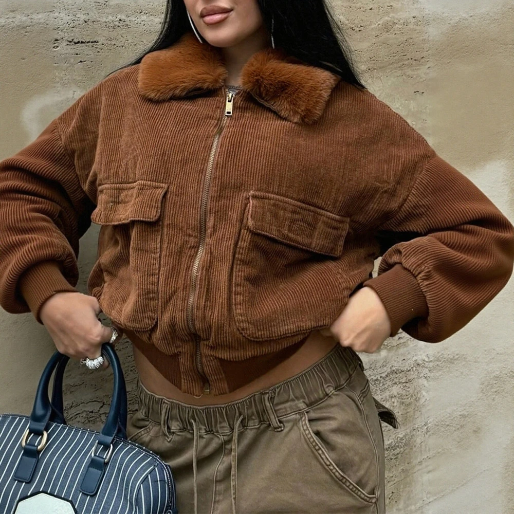 

American Retro Brown Jacket Fur Collar Patchwork Corduroy Short Length Zipper Open Cardigan Street Style Top For Women