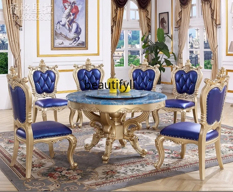 

European dining table andchairs American marble round table with turntable solid wood carving flower luxury champagne gold round