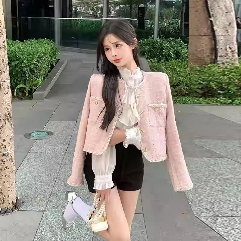 Pink Tweed Short Coat Spring Autumn Women's Fashion Korean Sweet Lady Style Rejuvenating Outerwear Polyester Fabric