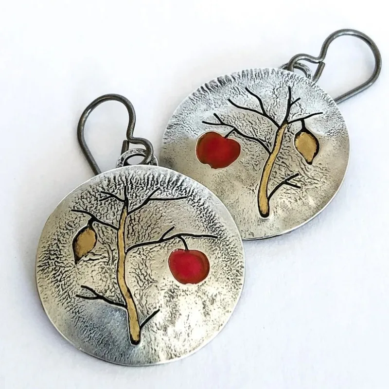 Women's Vintage Apple Tree Pattern Round Hook Earrings Embossed With Colored Glaze Countryside Artistic Atmosphere Ear Accessory