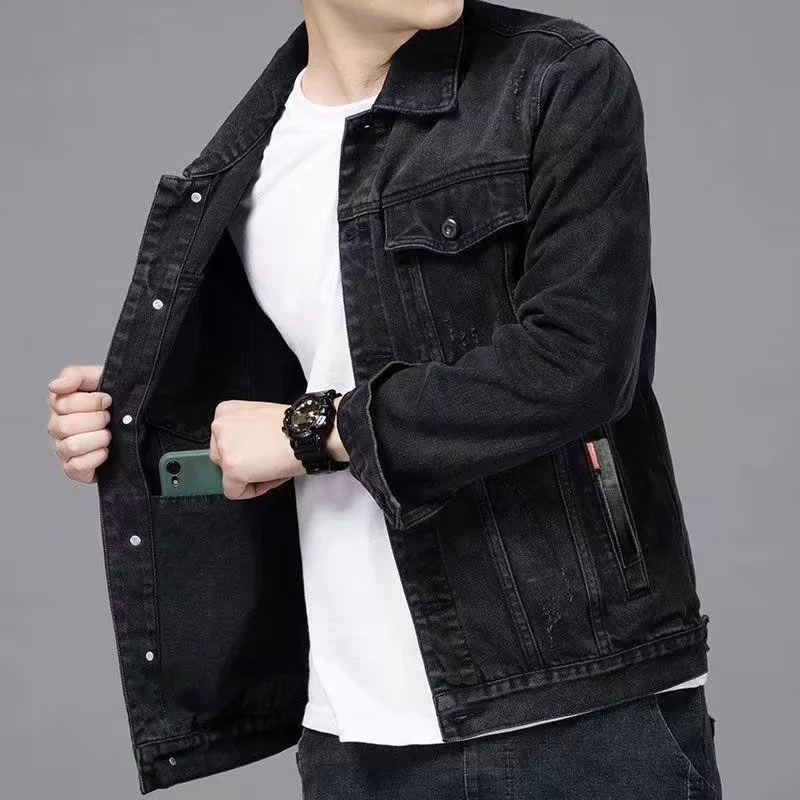 Men's Black Slim Fit Casual Denim Jacket Large Size Multi-Pocket Trendy Korean Style Workwear Classic Turn-Down Collar Coat