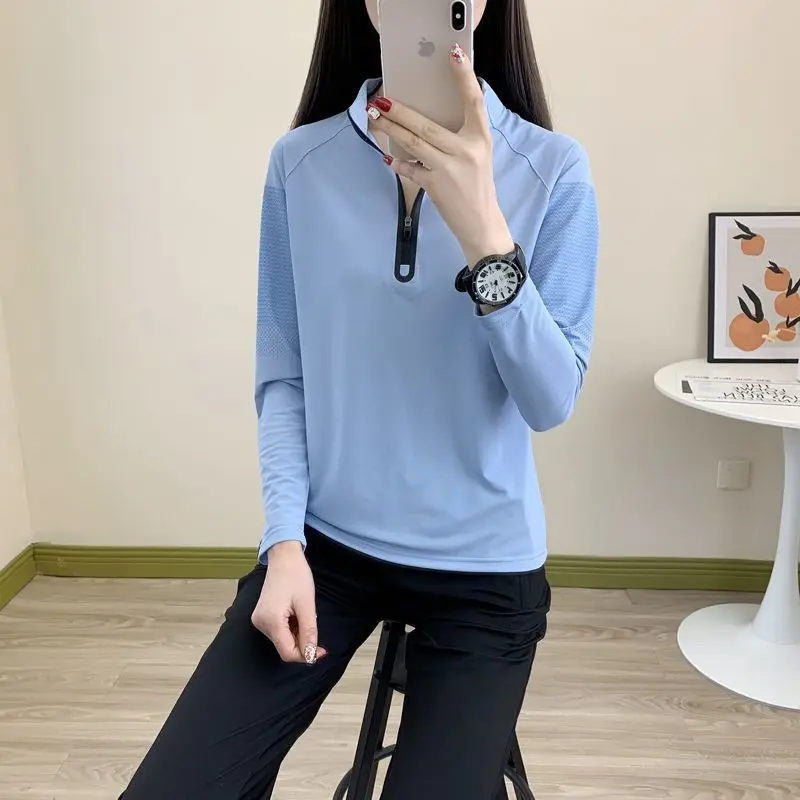 Damska odzież outdoorowa z długim rękawem, szybkoschnąca, do fitnessu, biegania, chroniąca przed słońcem, z wysokim kołnierzem, oddychająca, szybkoschnąca bluzka.