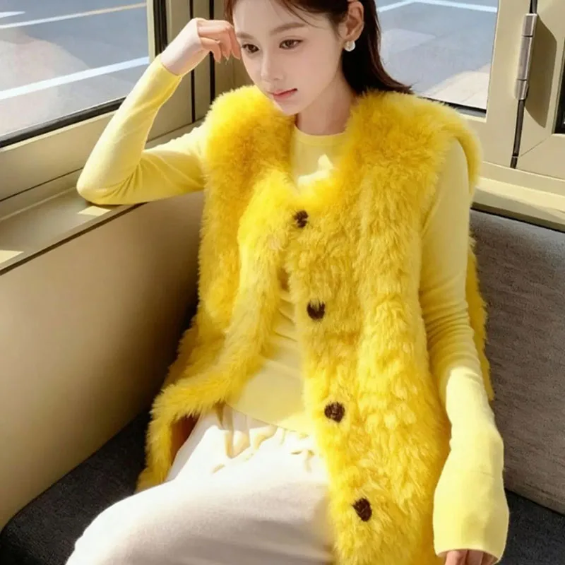 

2026 Высокое качество, осенне-зимний модный желтый жилет Mao Mao, женский новый повседневный универсальный жилет без рукавов, куртка, женские топы