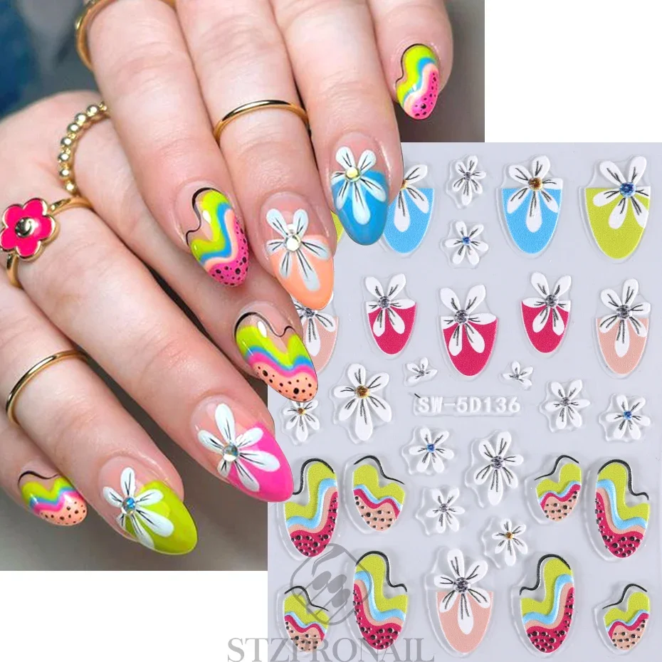 5D Colorful Daisy Flower Nail Art Sticker Lace Heart Spring Hollow Petals Boho Style French Engraved Slider Manicure Decorations