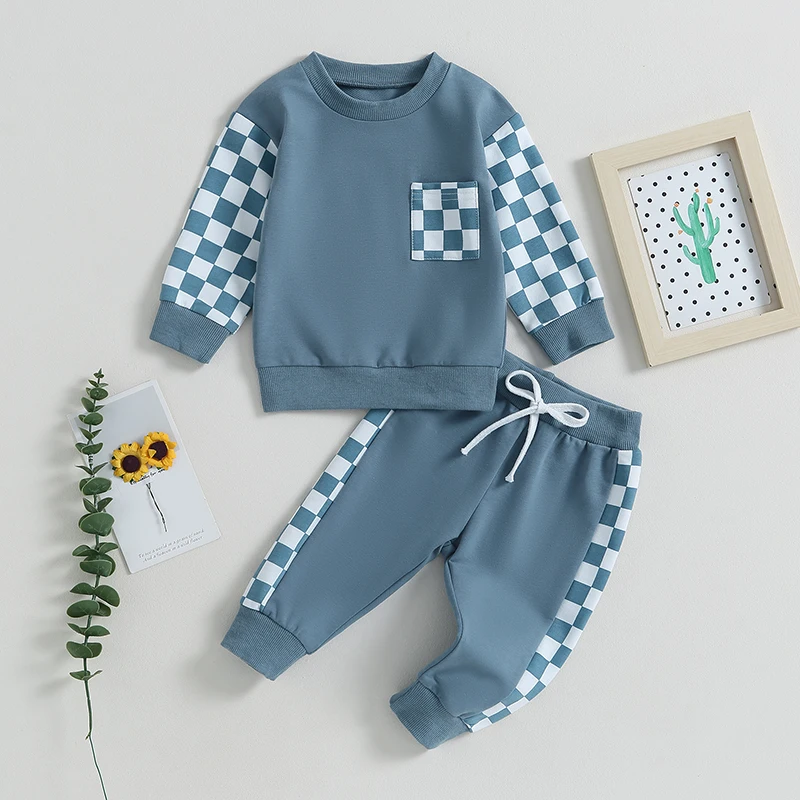 Autumn Baby Boys Outfits Newborn Clothes Checkerboard Print Long Sleeve Sweatshirt Tops Drawstring Pants Set Infant Soft Suits