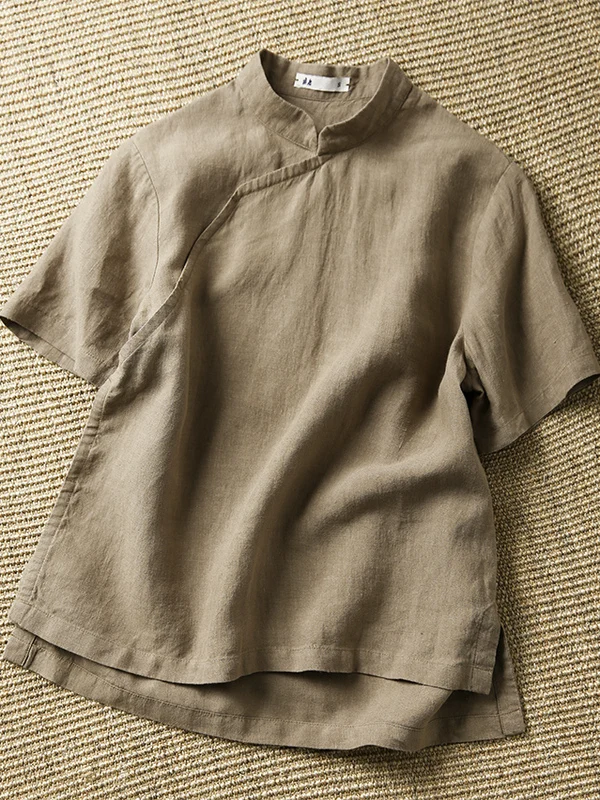 

Женский хлопковый льняной топ большого размера ort Sve irt с воротником-стойкой и боковой пуговицей, китайский топ, летний модный ретро-зен