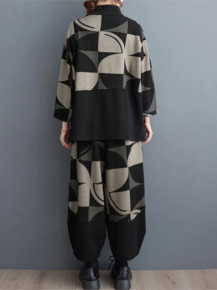 Oversize nadruk jesień 2 dwuczęściowy zestaw damski moda nieregularna patchworkowa nowa bluzki damskie luźna szeroka nogawka kobieta spodnie haremki