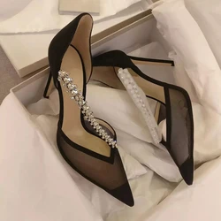 Crystal Chain Cover Heel Female Pumps Pink Pointed Toe Zapatos Mujer Spring Fashion Women Shoes