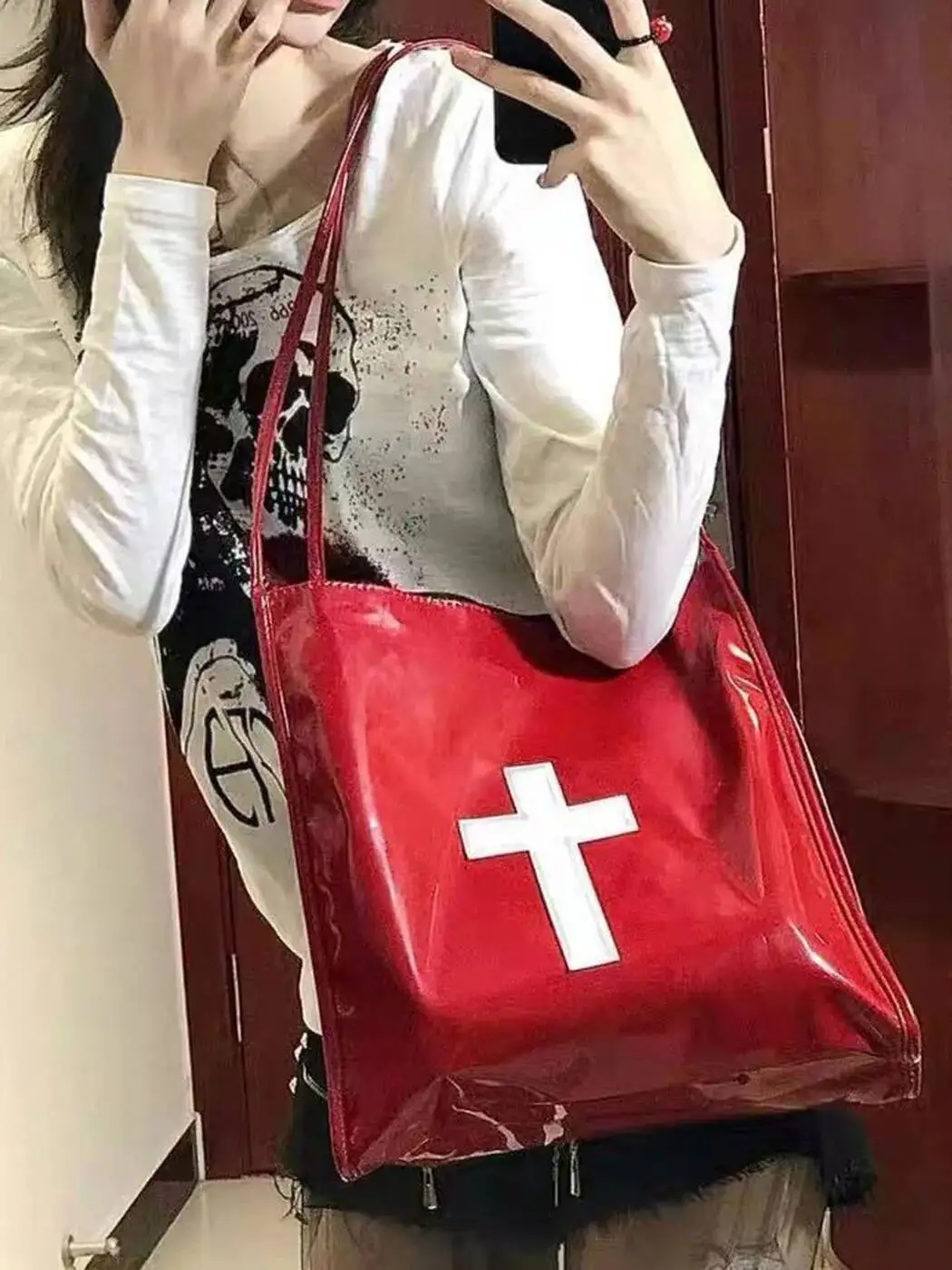 

Bloom Retro Gothic Cross Y2k Handbag Women Hot Girls PU Leather Large Capacity Handbags Ladies Haruku Vintage Shoulder Bags