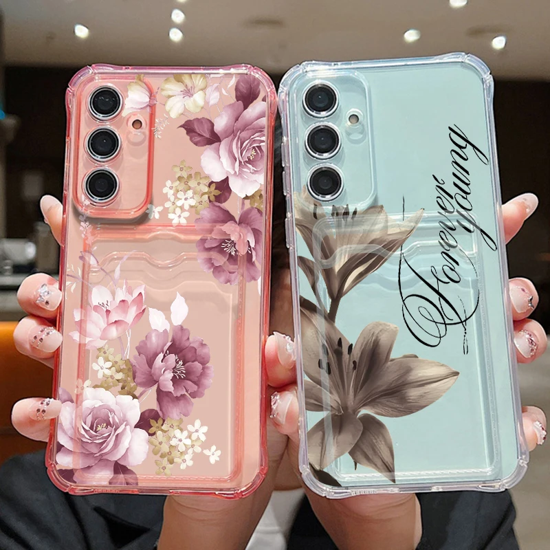 Card Slot Phone Case For Samsung Galaxy S26 S25 S24 Ultra S23 S25 FE A57 A17 A56 A55 A37 A36 A16 A54 Purple Flower Printed Cover