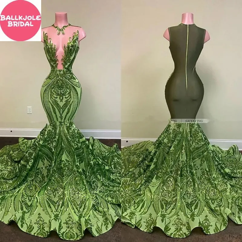 Vestido de fiesta de sirena de encaje con lentejuelas brillantes verdes, vestido de noche Sexy transparente sin mangas para mujer africana, recepción elegante para chica negra