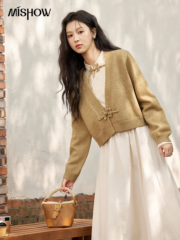 MISHOW New Chinese Dress Women 2024 Fall Winter New Slim Standing Collar Long Sleeve Irregular False Two-Piece Skirt MXD44L2046