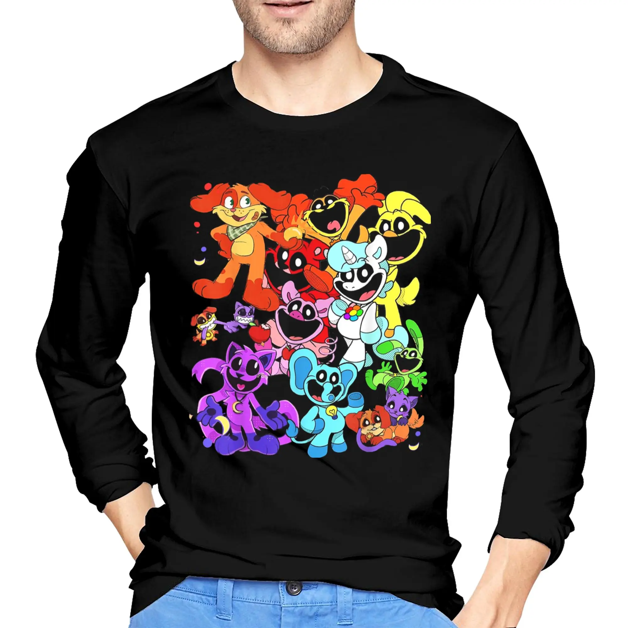 

Мужская футболка с длинными рукавами с улыбающимися животными, дышащие футболки с круглым вырезом, весенние и осенние мужские топы