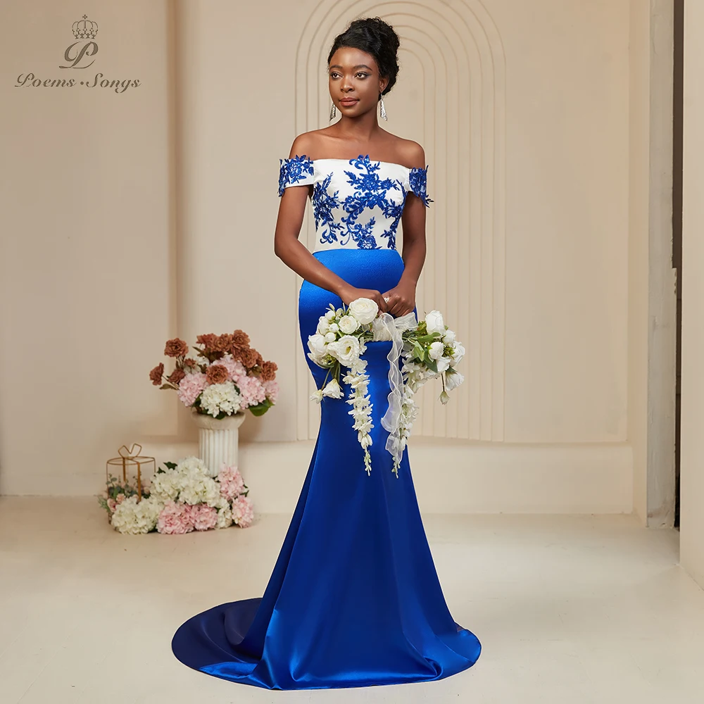 Poemssongs Elegant Off-Shoulder Mermaid Dress Luxurious Satin in Blue with Beautiful Lace Embellishments Bespoke Occasion Dress