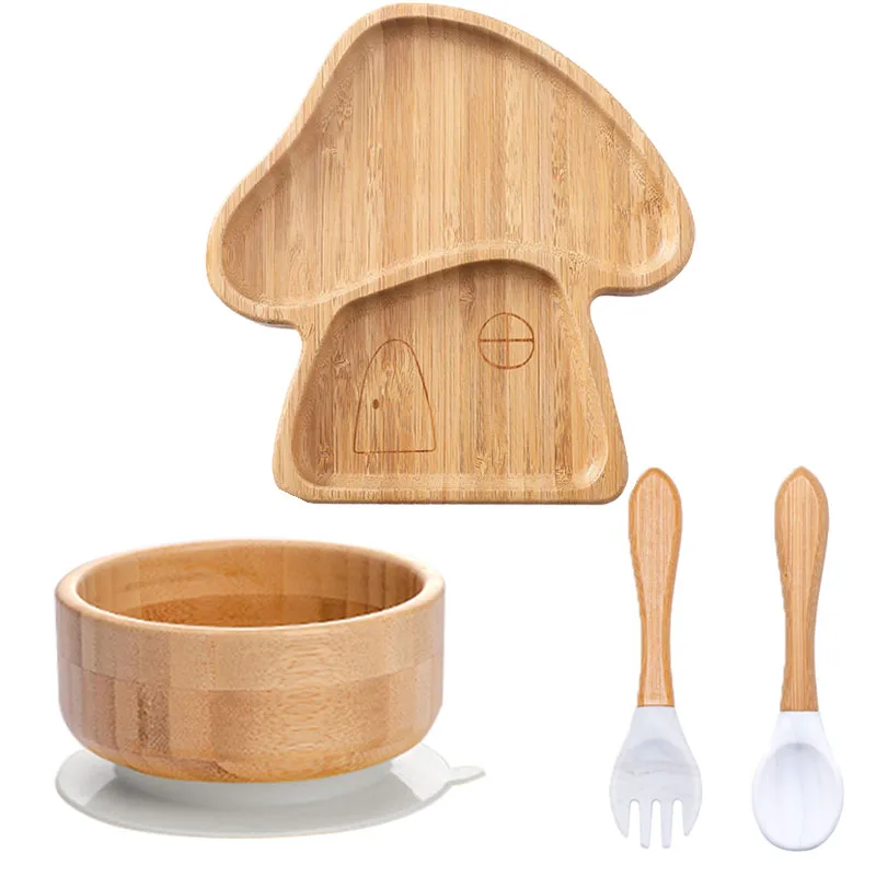 4pcs Baby Feeding Bowl Bamboo Wood Tableware With Silicone Suction Plate Baby Feeding Spoon Fork Children's Feeding Dinnerware