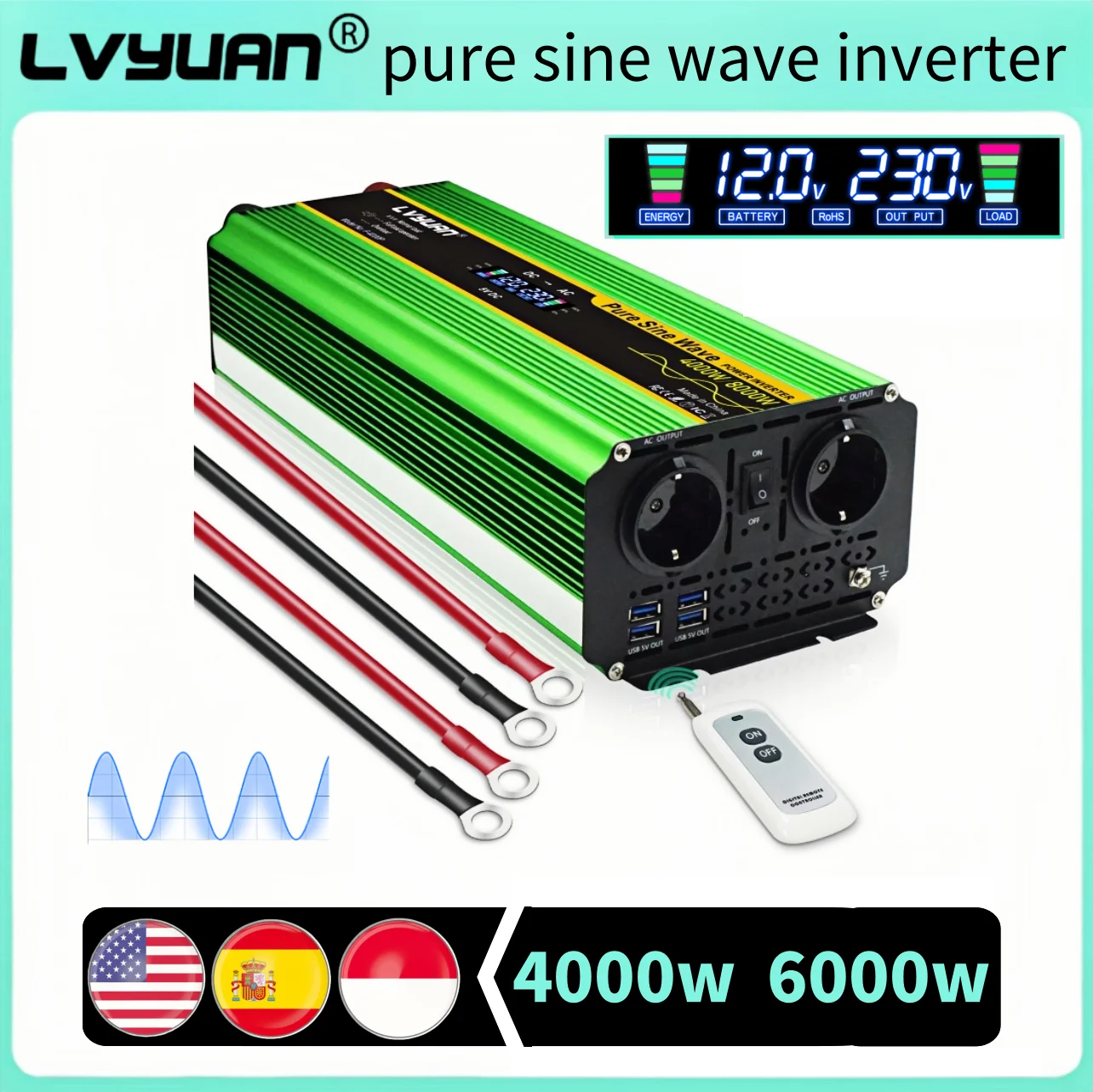 LCD Pure Sine Wave Inverter DC12V AC 110V/220V Power Inversor Professional Inverters for Household Power Generation Systems