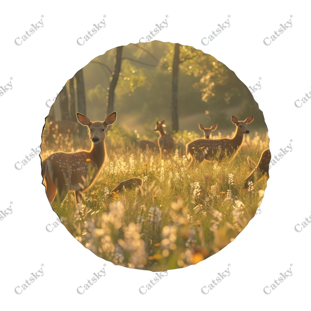 Wildlife in Summer Meadow Polyester Universal Spare Wheel Tire Cover Custom Tire-Covers for Trailer RV SUV Truck Camper