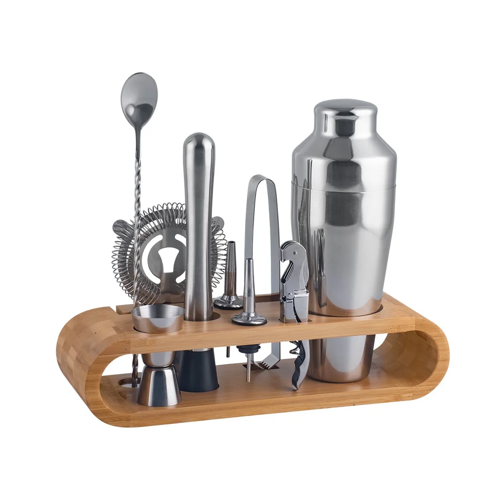 Stainless Steel Cocktail Shaker Bar Tool Set With Wooden Stand Complete Bartender Kit For Cocktail Making Home Bar