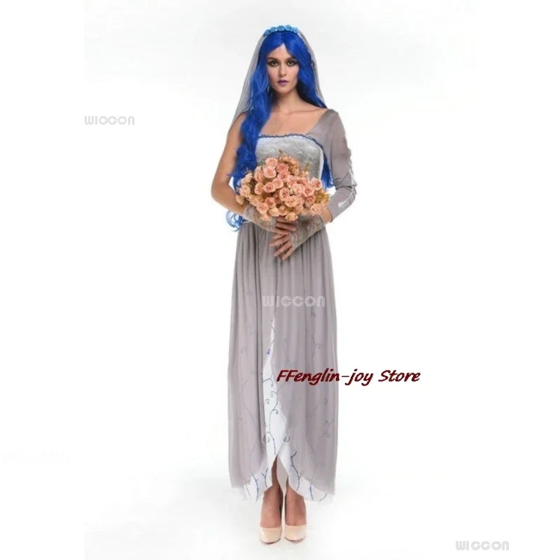 Masquerade Bride Emily Cosplay Costume Wig Zombie Ghost Halloween Party Dress up Women Scary Gothic Poor Wedding Dres@0Z*