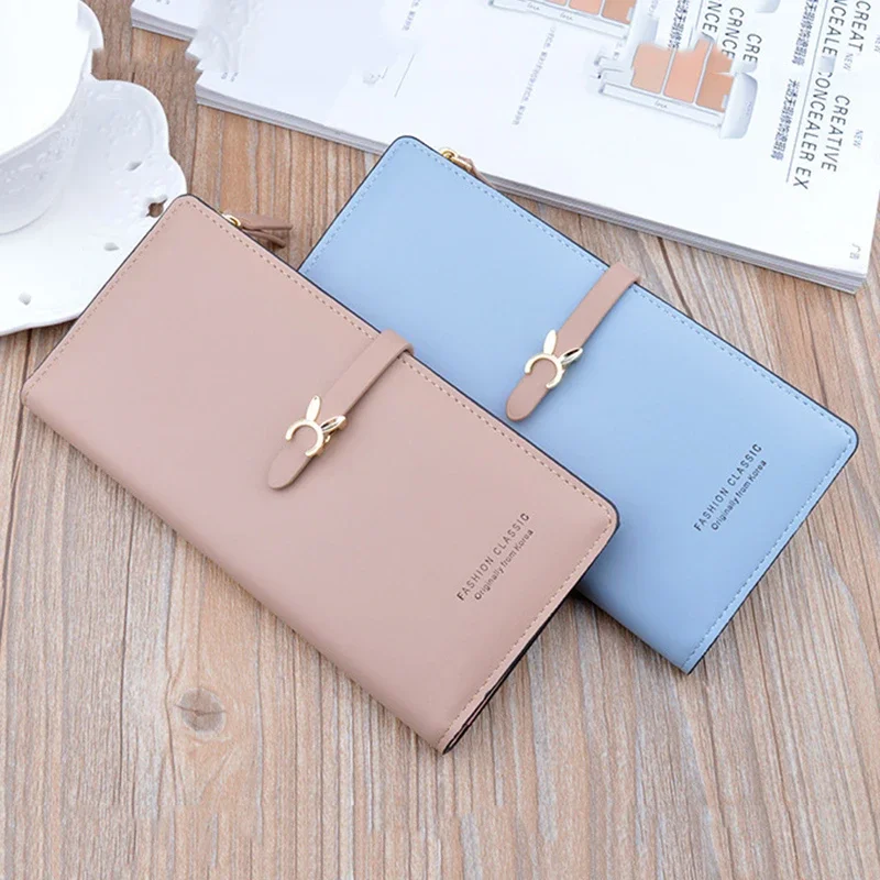 New Women's Wallet Long Korean Student Fashion Zipper Buckle Thin Money Clip Multi Card Soft Leather Clips Case Classic Purse