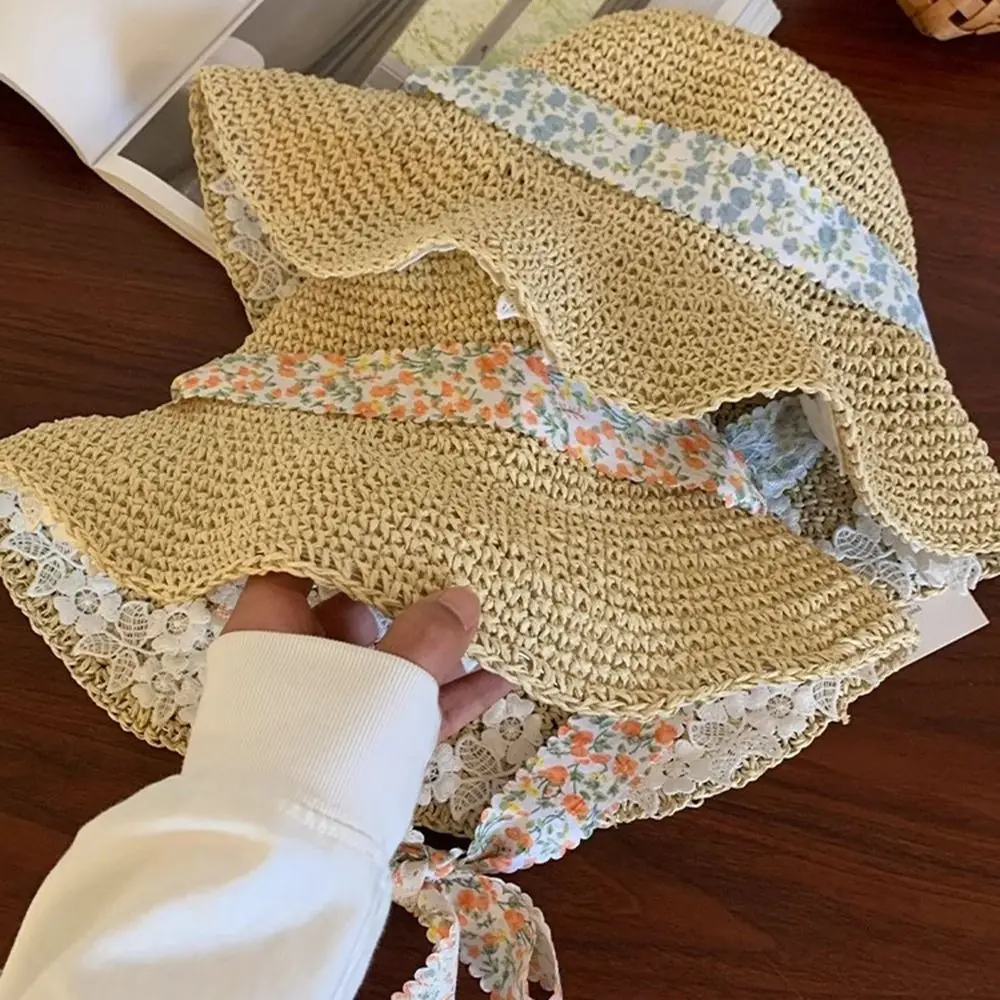 

Casual UV Protection Weave Straw Hat Lace-up Floral Beach Hat Flower Boho Sun Protection Cap Travel