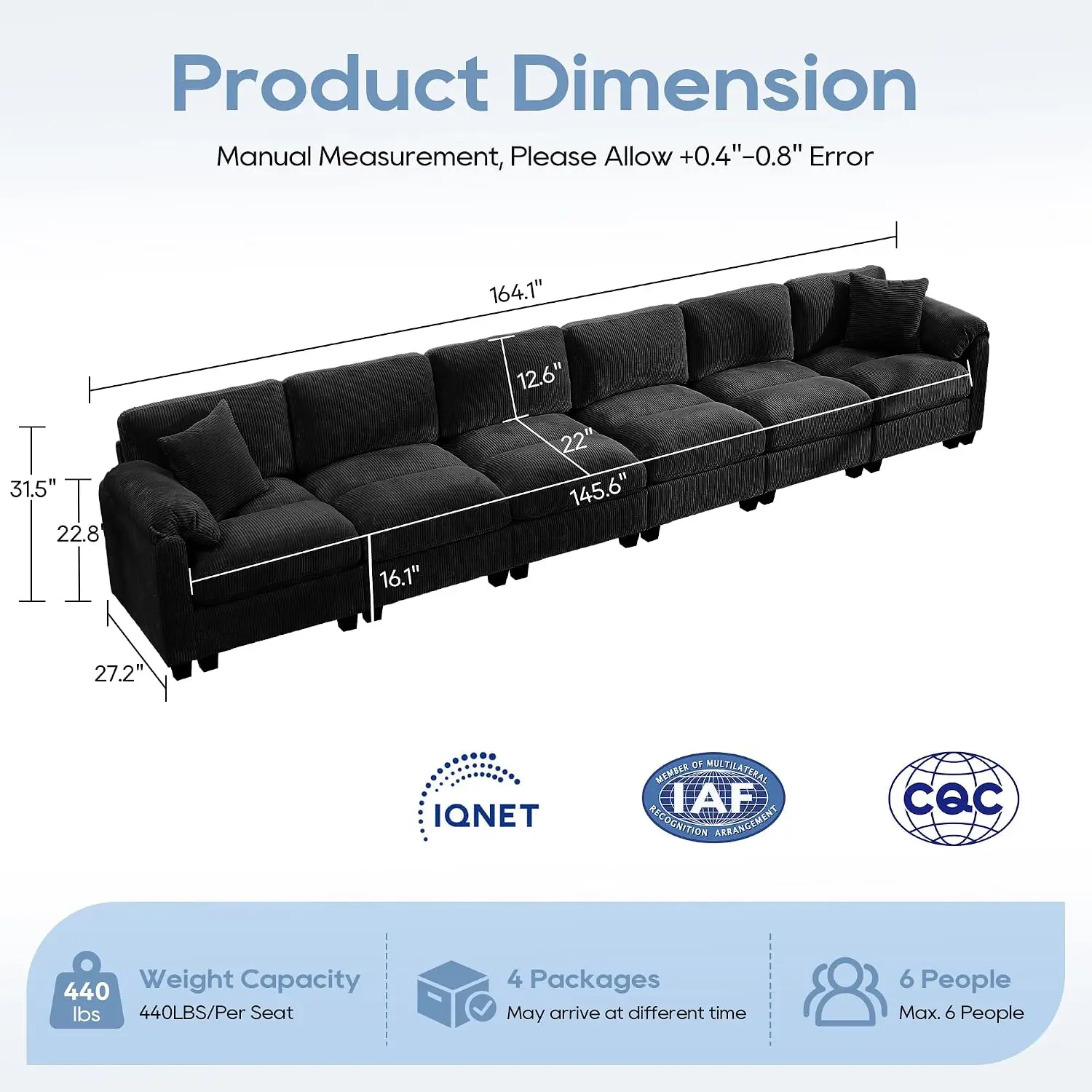 Corduroy Modular Sectional Sofa Deep Seat & Throw Pillows, Center Stitched Living Room Furniture, 164.1