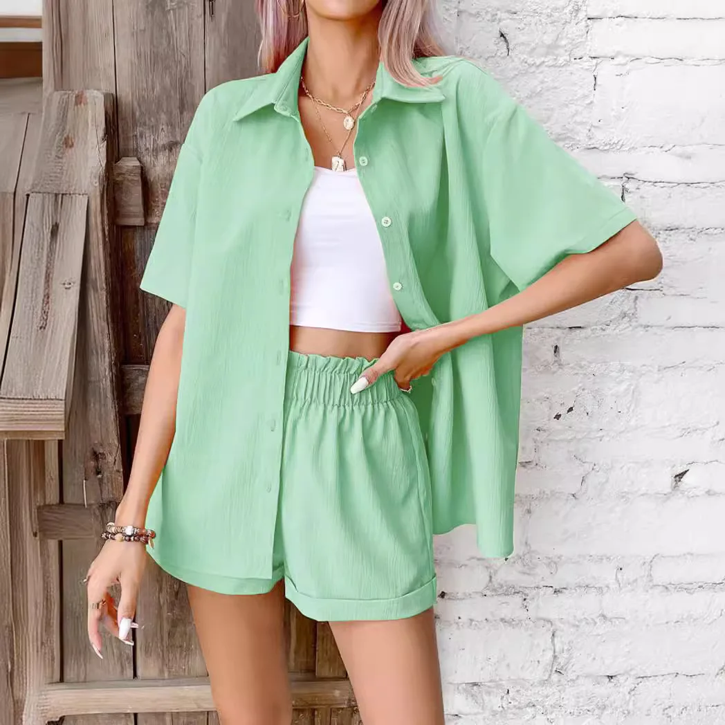 

Women Short Sets Two Piece Elastic Waist Shorts Suit Turn Down Collar Shirts Mini Sleeve Casual Button Cardigan Elegant Lady