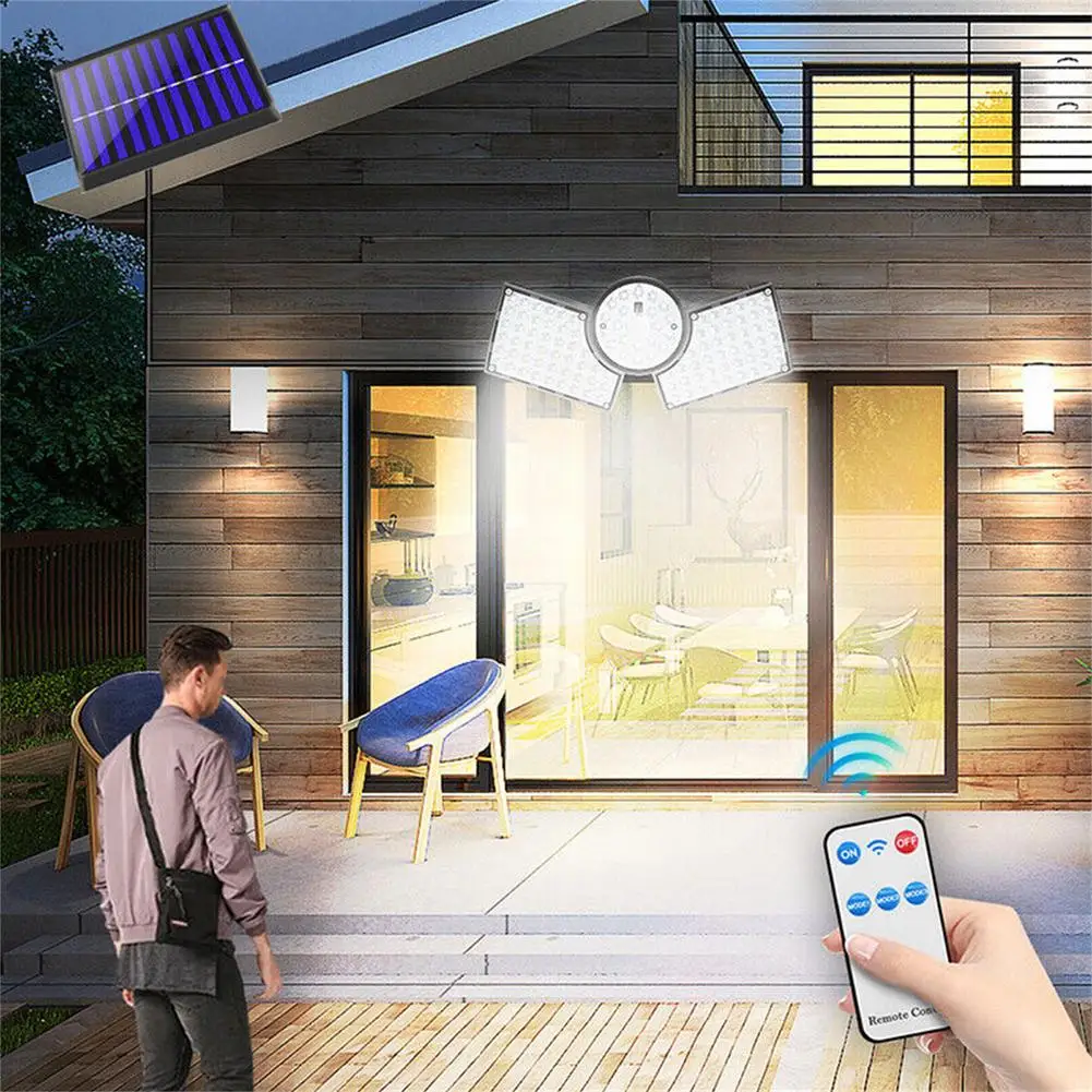 Luz LED Solar de pared con Sensor de movimiento, lámpara de calle con batería integrada de 1200mAh, 6000-6500k, diseño de 3 cabezales, para jardín al aire libre y patio trasero