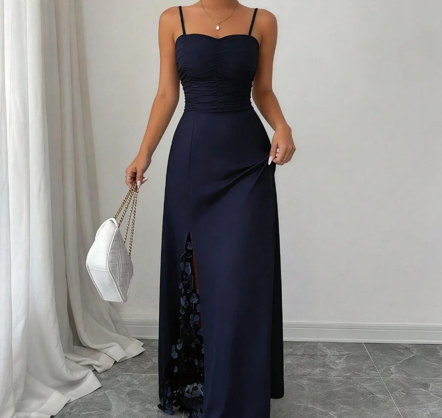 

Women's Dress Summer New Elegant Gorgeous Style Solid Color V-Neck High Waist Flower Decal Mesh Splicing A-Line Suspender Dress
