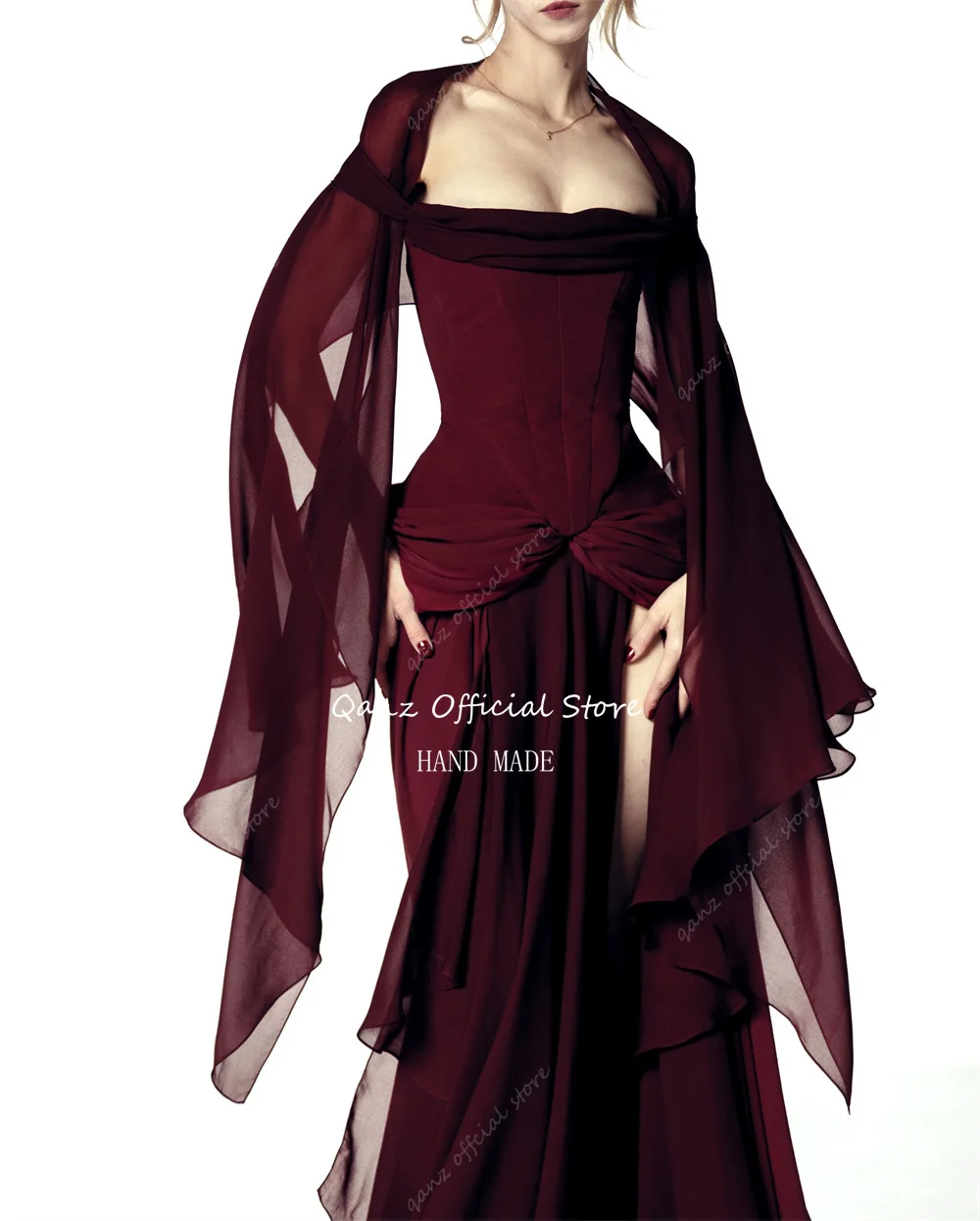 Qanz Burgundy Chiffon Long Evening Dress High Slit Off The Shoulder Prom Dresses Women Backless Robe De Soirée Customized
