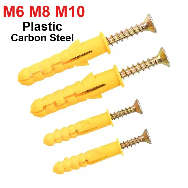 

M6 M8 M10 Ассортимент пластиковых анкеров для гипсокартона и винтов Желтые пластиковые настенные анкеры и цветные цинковые саморезы