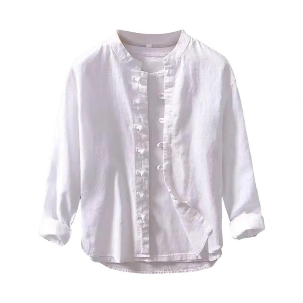 Retro Buttoned Shirt Chinese Style Stand Collar Men's Spring Shirt with Knot Button Single-breasted Solid Color Long for A