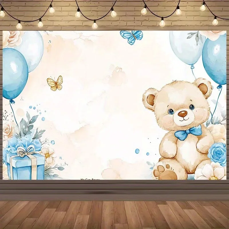 Niedlicher Duschhintergrund mit süßen Pandas, blauen und weißen Luftballons, Schmetterlingen, eleganten Blumen und Geschenkboxen