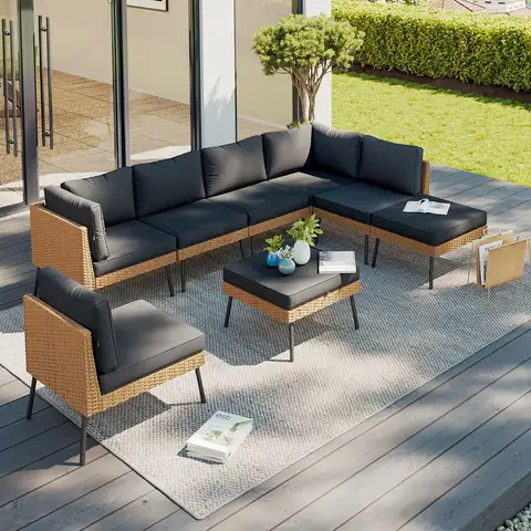 8 Piece Patio Furniture Set, 8 Seats Outdoor Sectional Sofas with 4" Cushion, Wicker Outdoor Patio Furniture Set with