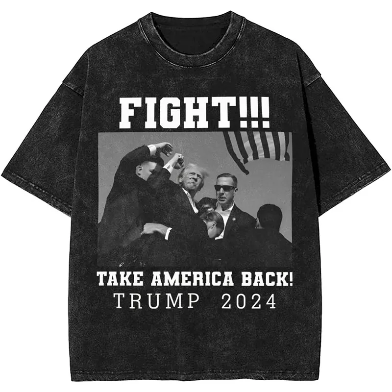 

Trump Graphic Printing Washed Shirt Outfit Donald Trump Washed Printed Tee Shirt Men Women Same Style Trendy Retro T-shirts