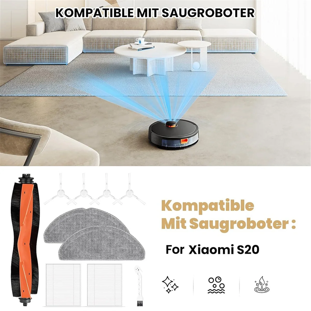 BISMZ Für Xiaomi S20 Roboter Staubsauger Ersatzteile Wichtigsten Seite Pinsel Hepa-Filter Mopp Tuch Zubehör