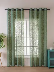 Green large leaf perforated curtains, living room bedroom sheer curtains, rustic style