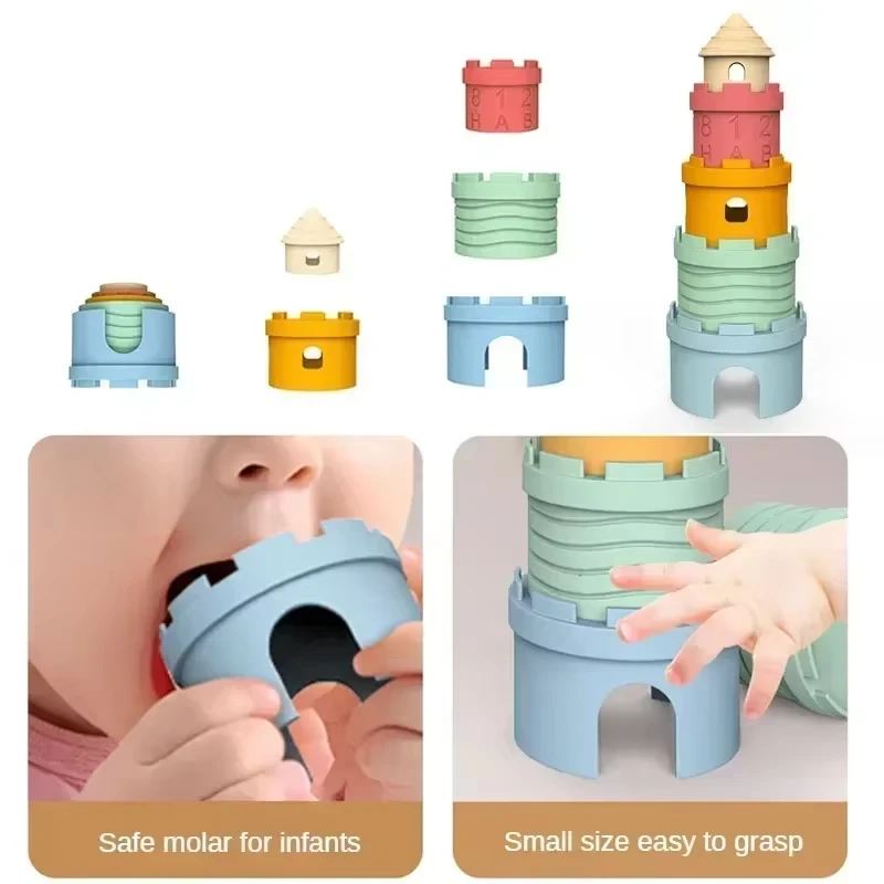 Criativo bebê silicone castelo pilha copo brinquedos cor digital blocos de construção cognitiva para crianças montessori educação precoce brinquedo gif