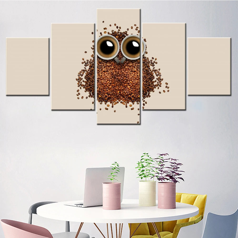 

5 Pieces Canvas Wall Arts Poster Paitnign Cute Coffee Beans Owl Wallpaper Home Decor Picture Printing Living Room Mural Artwork