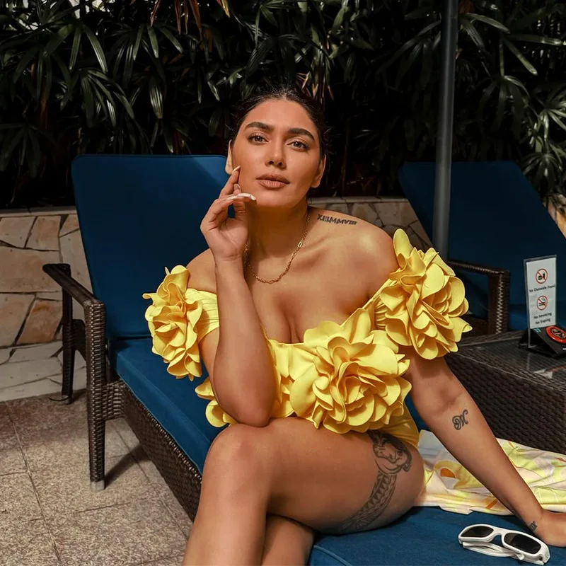 

WackDaria Halloween Women Swimsuit 3D Floral Party Pool Bathing Suit Dress Up Big Flower One Piece High Quality Solid