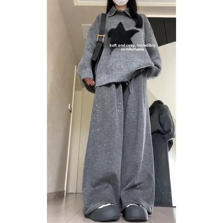 드레이프 와이드 레그 팬츠 여성용 하이웨이스트 니트 소프트 캐주얼 여름 2025 신상 레이지 슬림 폴리에스터 섬유 롱 팬츠