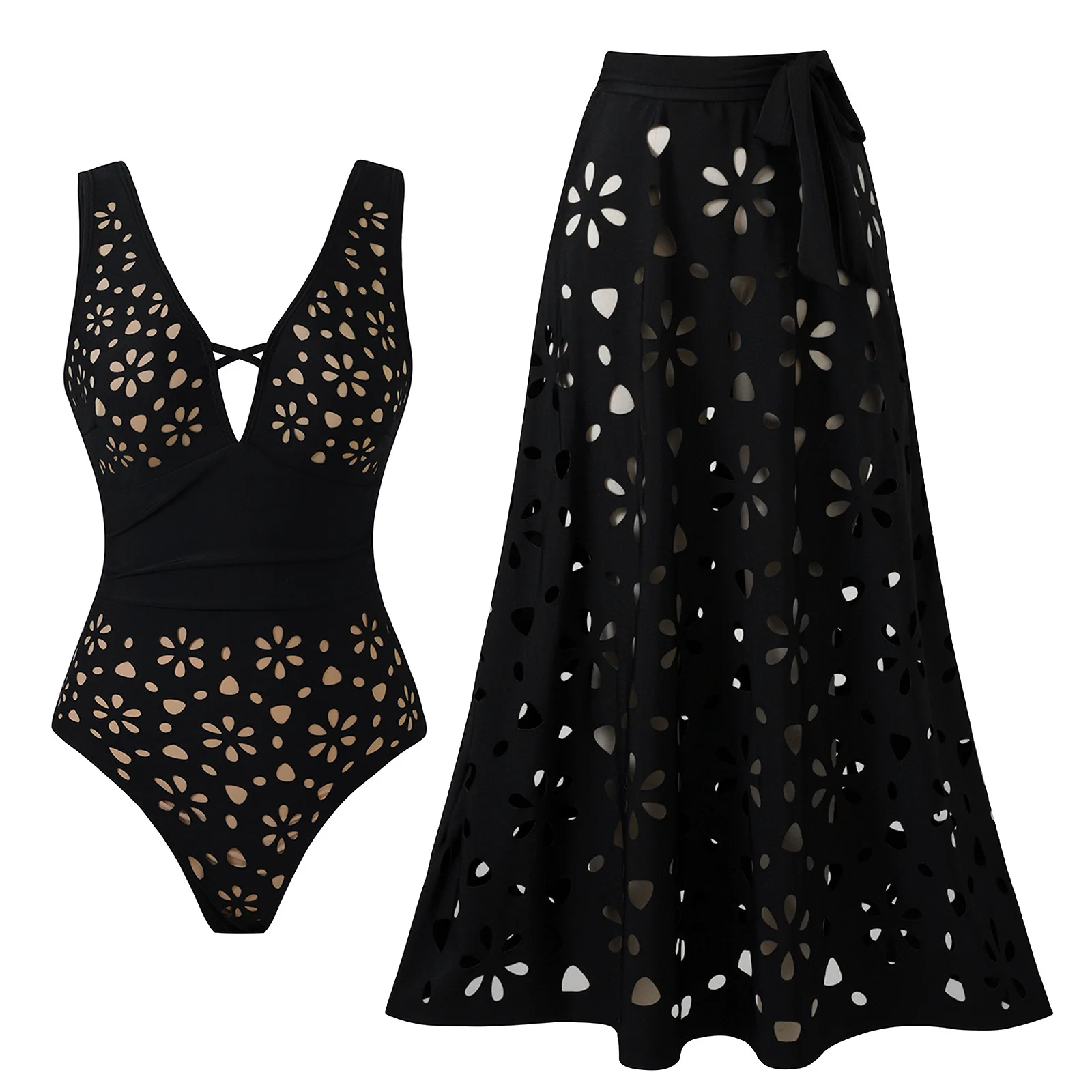Sexy Swimsuit Laser-Cut Sculpting One-Piece Swimsuit Monochrome Chic Two-Piece Swimwear European American Beach Cover Set